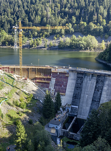 Hintergrund: Schwarzatalsperre in der Natur Schwarzatalsperre inmitten der Natur, umgeben von Wald mit einem Kran im Hintergrund